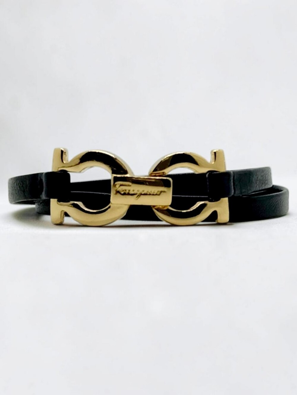 Salvatore Ferragamo Black Leather Double Gancini Bracelet with Gold Hardware
